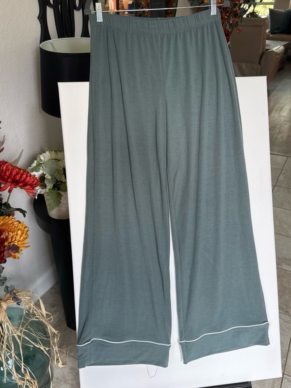 Zenana Outfitters Sage Green Two-Piece Long Sleeve Pajama Set with White Piping - Picture 7 of 8